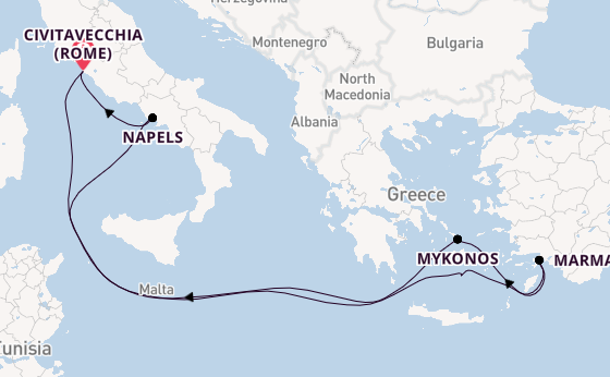 Middellandse Zee vanaf Civitavecchia (Rome), Italië met de MSC Divina