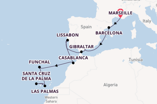 Westelijke Middellandse Zee vanaf Marseille, Frankrijk met de MSC Musica