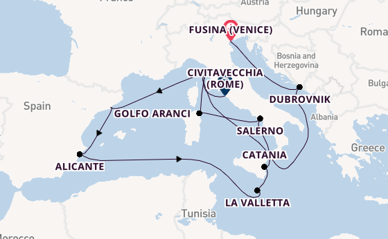 Westelijke Middellandse Zee vanaf Fusina (Venice) met de Seven Seas Grandeur