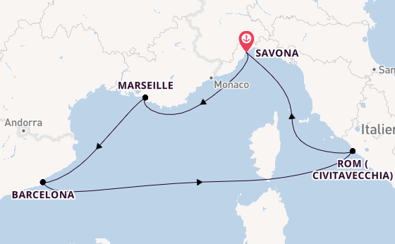 Westliches Mittelmeer ab Savona, Italien auf der Costa Pacifica