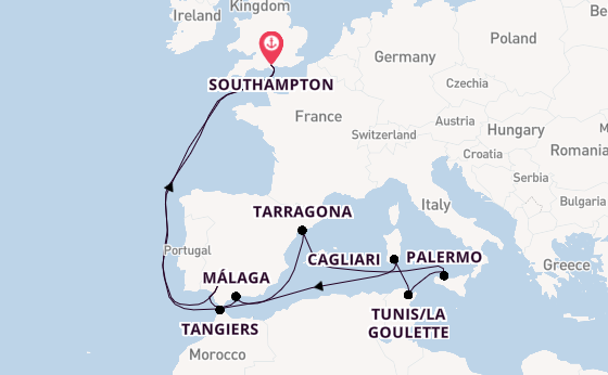 Mediterranean Sea from Southampton, England with the Queen Elizabeth