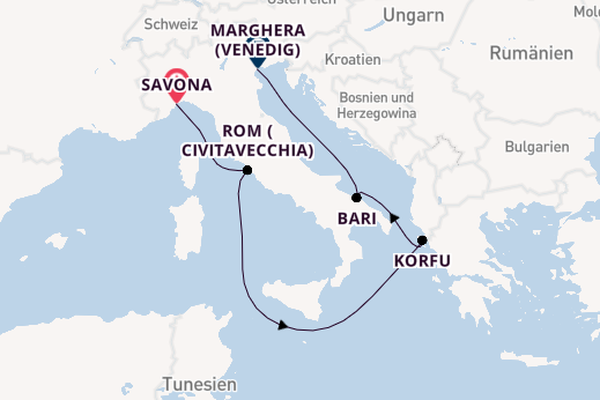 Westliches Mittelmeer ab Savona, Italien auf der Costa Deliziosa