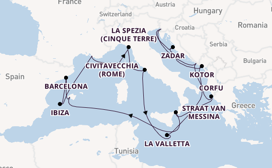 Middellandse Zee vanaf Triëst, Italië met de Queen Elizabeth