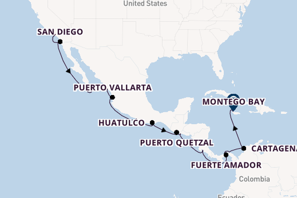 Midden-Amerika vanaf Los Angeles, Verenigde Staten met de Amadea