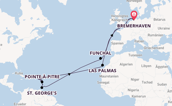 Karibik ab Bremerhaven, Deutschland auf der Mein Schiff 2