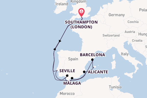 Western Mediterranean from Southampton, England with the Queen Anne