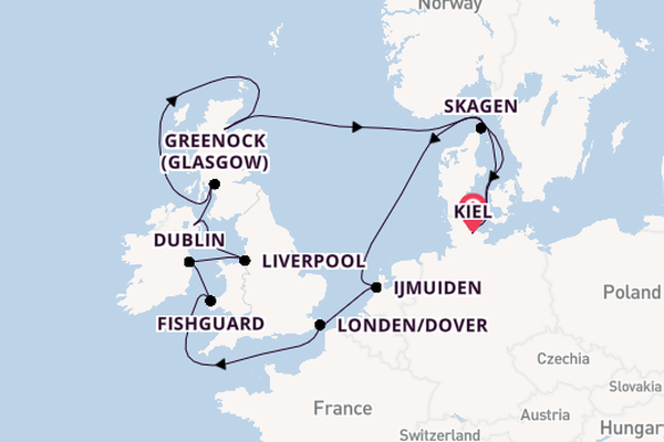 Britse Eilanden vanaf Kiel, Duitsland met AIDAbella