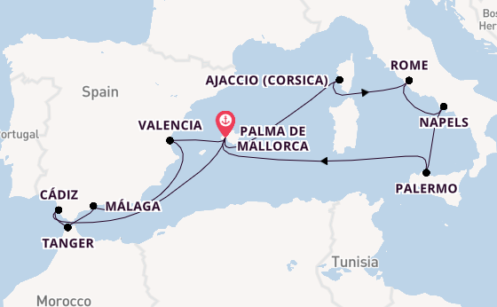 Westelijke Middellandse Zee vanaf Palma de Mallorca, Mallorca, Spanje met de Mein Schiff 4