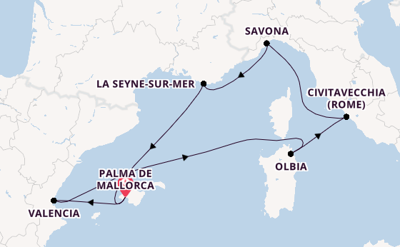 Westelijke Middellandse Zee vanaf Palma de Mallorca, Mallorca, Spanje met de Costa Pacifica