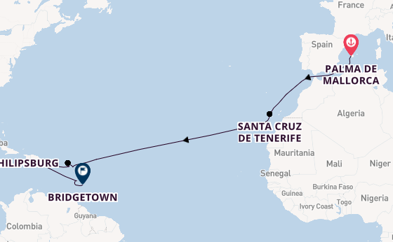 Caribbean vanaf Palma de Mallorca, Mallorca, Spanje met de Mein Schiff 2 