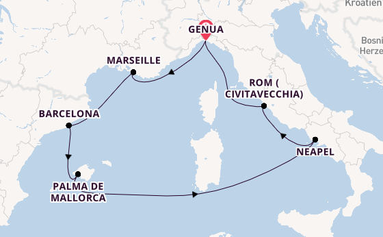 Westliches Mittelmeer ab Genua, Italien auf der Costa Toscana