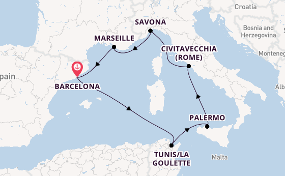 Westelijke Middellandse Zee vanaf Barcelona, Spanje met de Costa Toscana