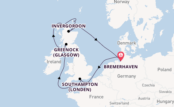 Verenigd Koninkrijk vanaf Bremerhaven, Duitsland met de Mein Schiff 2 