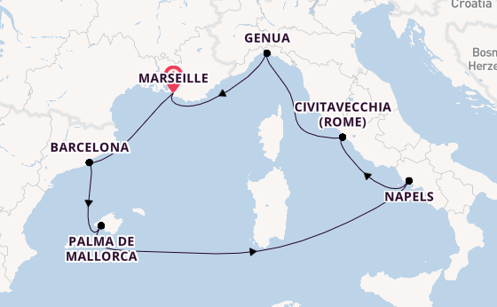 Westelijke Middellandse Zee vanaf Marseille, Frankrijk met de Costa Toscana