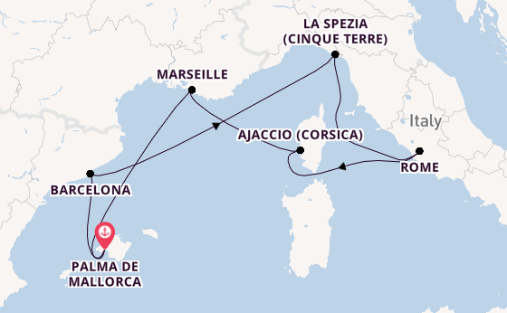 Westelijke Middellandse Zee vanaf Palma de Mallorca, Mallorca, Spanje met de Mein Schiff Flow