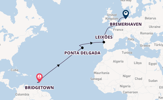 Portugal vanaf Bridgetown, Barbados met de Mein Schiff 2 