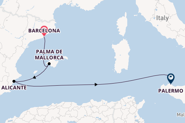 Westelijke Middellandse Zee vanaf Barcelona, Spanje met de Costa Toscana
