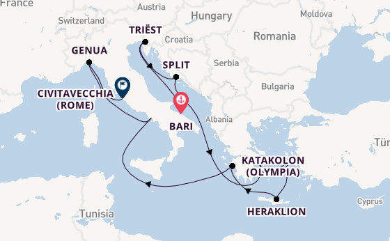 Middellandse Zee vanaf Bari, Italië met de MSC Splendida