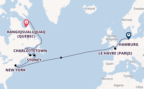 trans-Atlantisch vanaf Kangiqsualujjuaq (Quebec), Canada met de Queen Mary 2