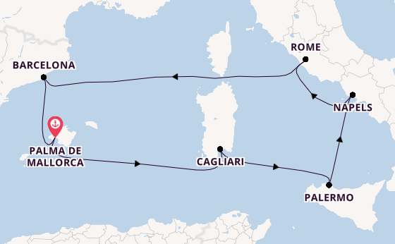 Westelijke Middellandse Zee vanaf Palma de Mallorca, Mallorca, Spanje met de Mein Schiff Flow