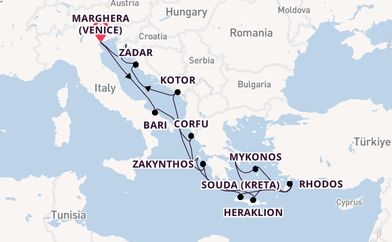 Oostelijke Middellandse Zee vanaf Marghera (Venice) met de Costa Deliziosa