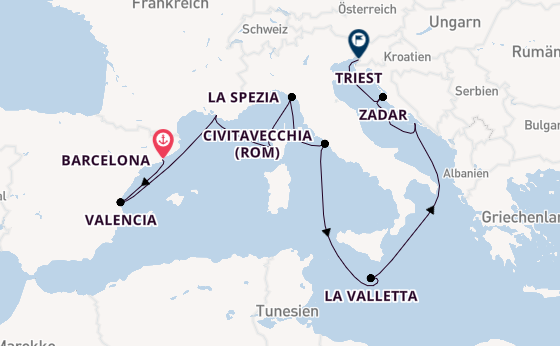 Mittelmeer ab Barcelona, Spanien auf der Queen Elizabeth