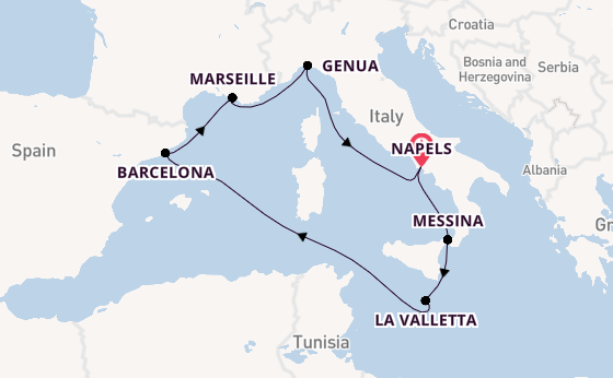 Westelijke Middellandse Zee vanaf Napels, Italië met de MSC World Asia
