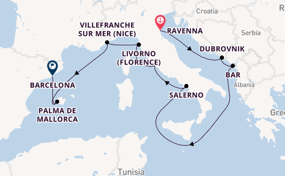 Westelijke Middellandse Zee vanaf Ravenna, Italië met de Norwegian Viva