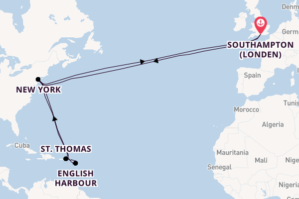 trans-Atlantisch vanaf Southampton (Londen), Engeland met de Queen Mary 2