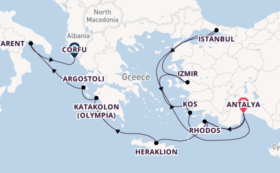 Oostelijke Middellandse Zee vanaf Antalya, Turkije met AIDAblu