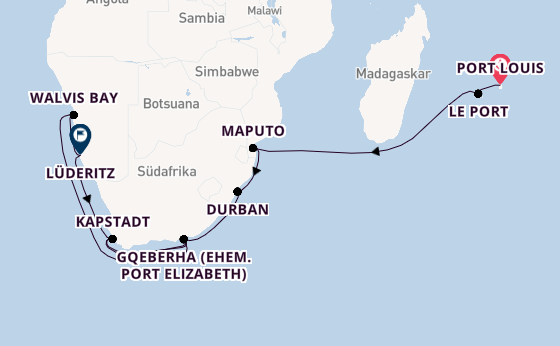 Südliches Afrika ab Port Louis, Mauritius auf AIDAblu
