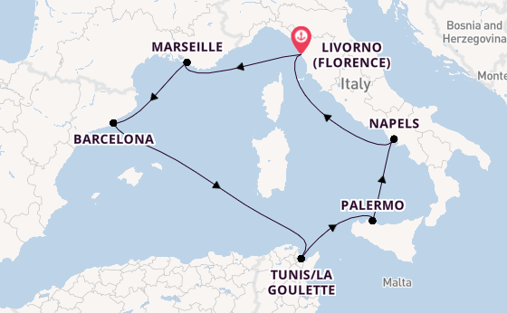 Westelijke Middellandse Zee vanaf Livorno (Florence), Italië met de MSC Virtuosa