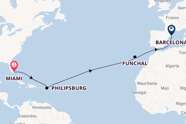 trans-Atlantisch vanaf Miami, Verenigde Staten met de MSC Grandiosa