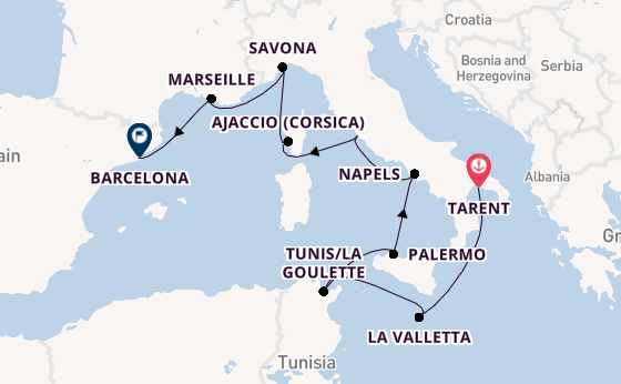 Westelijke Middellandse Zee vanaf Tarent, Italië met de Costa Fascinosa