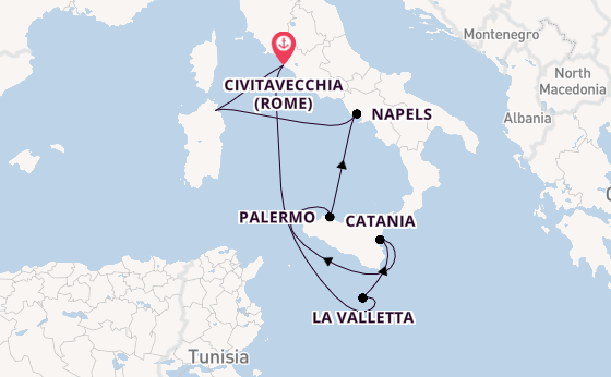 Westelijke Middellandse Zee vanaf Civitavecchia (Rome), Italië met AIDAstella