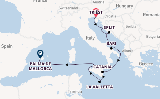 Westelijke Middellandse Zee vanaf Triëst, Italië met de Mein Schiff 4