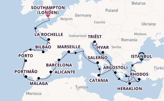Middellandse Zee vanaf Southampton (Londen), Engeland met de Sonata (Oceania)