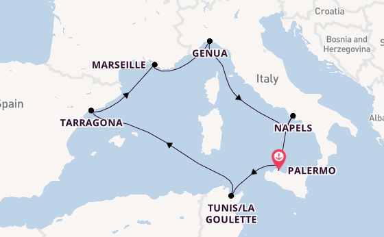 Westelijke Middellandse Zee vanaf Palermo, Sicilië met de MSC Euribia