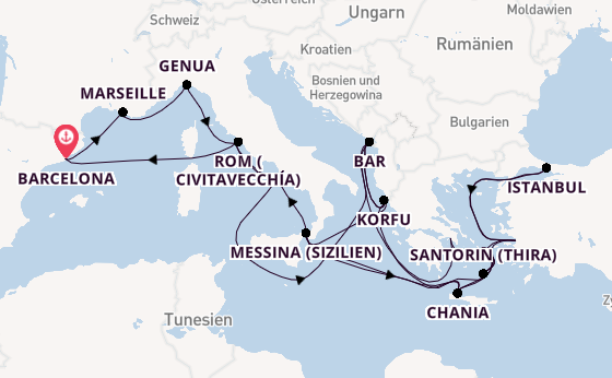 Mittelmeer ab Barcelona, Spanien auf der Sun Princess