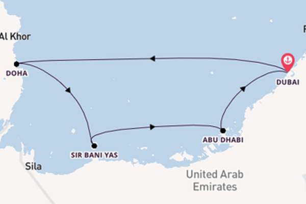 Perzische Golf vanaf Dubai, Verenigde Arabische Emiraten met de Mein Schiff 5