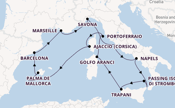 Westelijke Middellandse Zee vanaf Civitavecchia (Rome), Italië met de Costa Favolosa