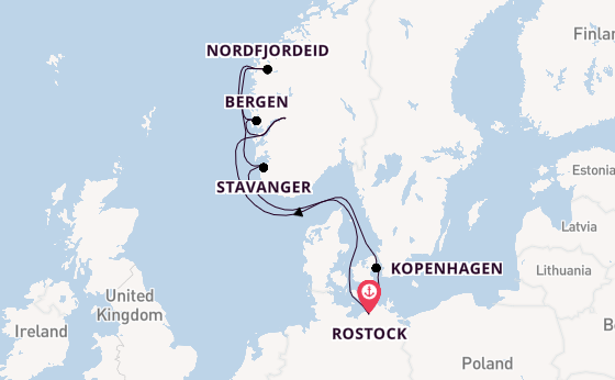 Noorwegen vanaf Rostock, Warnemünde, Duitsland met AIDAmar