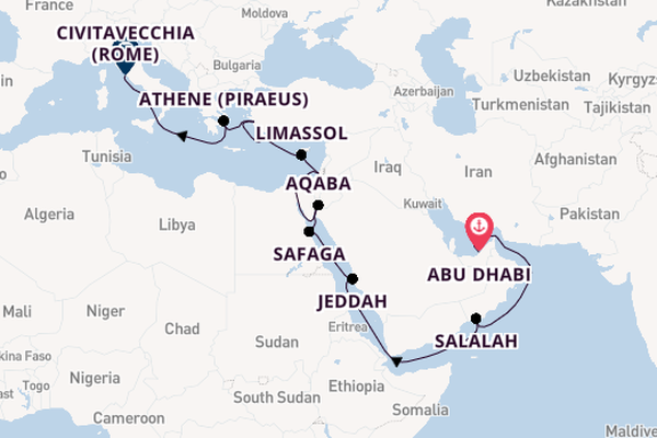 Middellandse Zee vanaf Abu Dhabi, Verenigde Arabische Emiraten met de Seven Seas Splendor