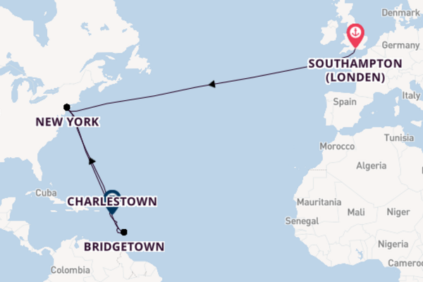 trans-Atlantisch vanaf Southampton (Londen), Engeland met de Queen Mary 2