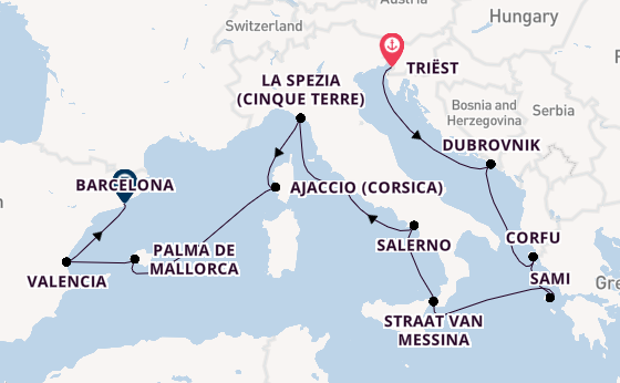 Westelijke Middellandse Zee vanaf Triëst, Italië met de Queen Elizabeth