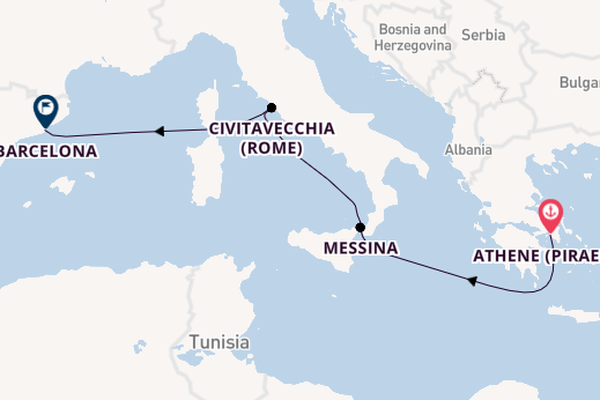 Westelijke Middellandse Zee vanaf Athene (Piraeus), Griekenland met de Costa Fortuna
