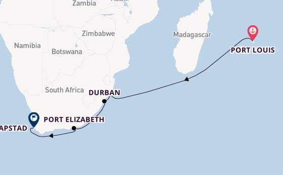 Zuid-Afrika vanaf Port Louis, Mauritius met de Mein Schiff 5