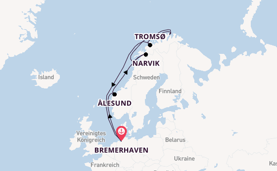 Norwegen ab Bremerhaven, Deutschland auf der Mein Schiff 2