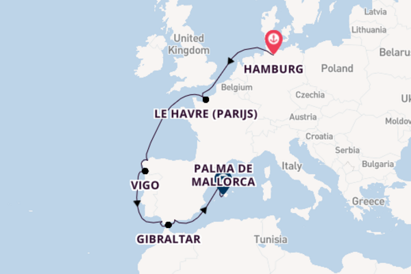 Westelijke Middellandse Zee vanaf Hamburg, Duitsland met AIDAprima