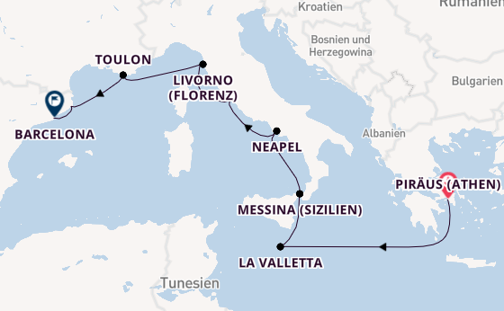 Westliches Mittelmeer ab Piräus (Athen), Griechenland auf der Aurelia